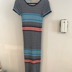 Fitted multi-color striped midi sweater dress